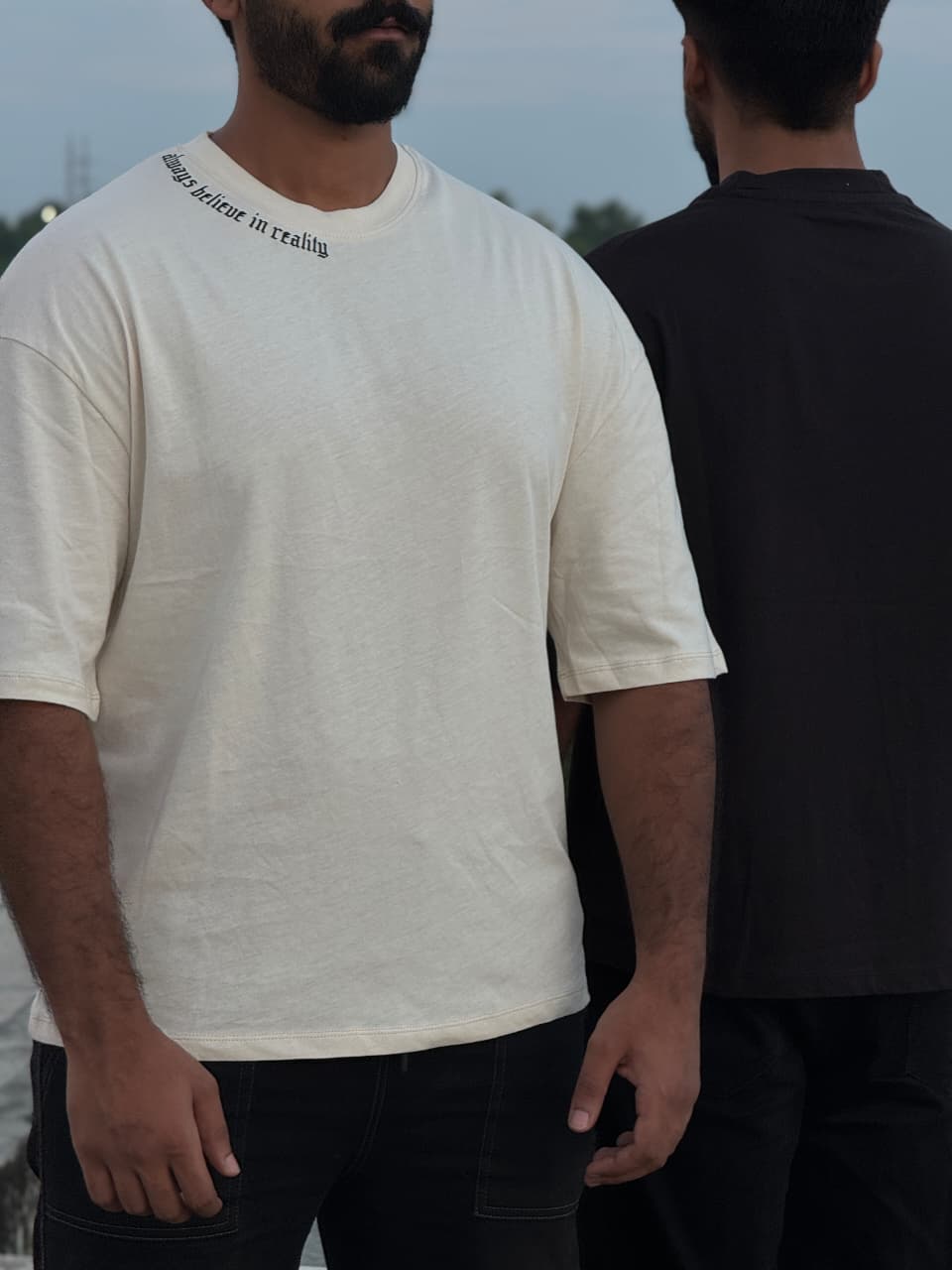 DropX Oversized T-Shirts – ( Plain Black & Printed Beige)