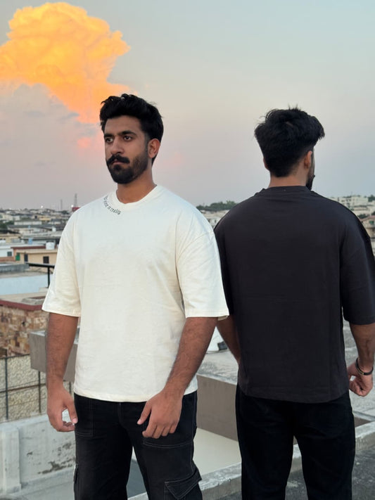 DropX Oversized T-Shirts – ( Plain Black & Printed Beige)