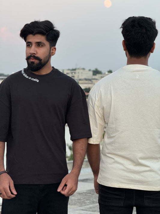 DropX Oversized T-Shirts – (Printed Black & Plain Beige)